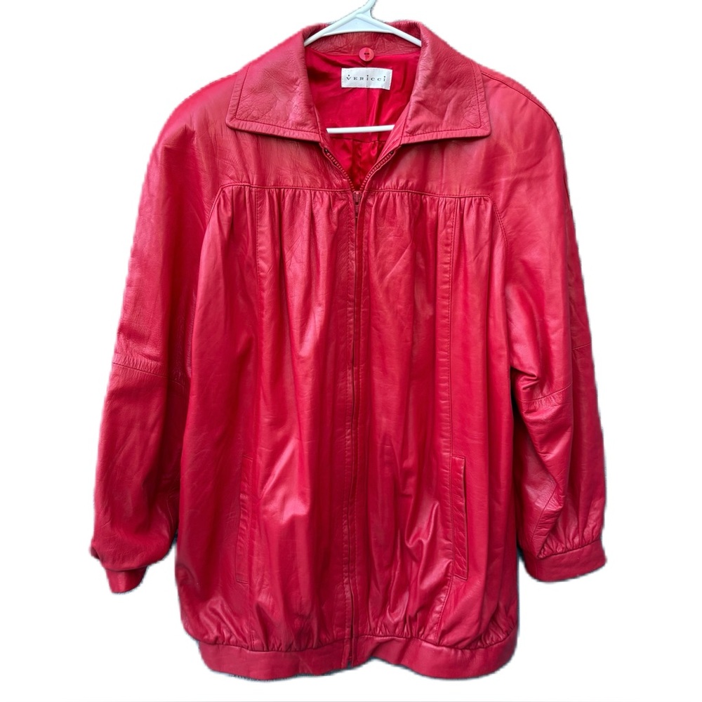 Vintage 90s Vericci Red Leather Zip Up Bomber Oversized Jacket